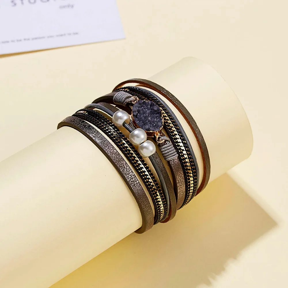 Rinhoo 1 шт. многослойная кожаная цепочка на магните овальная водяная капля гравия лист кулон браслет Женская мода изящный драгоценный подарок
