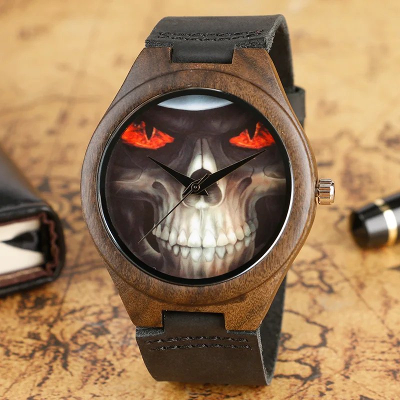 

Wooden Watches Male Clock Creative Awesome Skull Face Genuine Leather Strap Bamboo Nature Wood Wrist Quartz Watch Casual Relogio