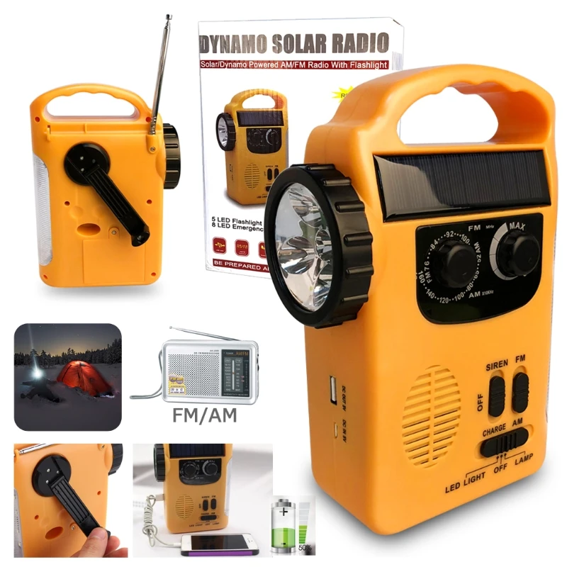

Portable Outdoor Emergency Hand Crank Solar Dynamo AM/FM Radios Power Bank with LED Lamp Built-in 500mAh Lithium Battery
