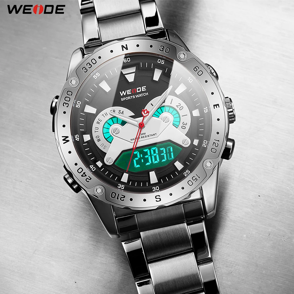WEIDE Analog Digital Auto Date Military Men Chronograph Quartz Movement Stainless Steel Bracelet Wristwatches Relogio Masculino