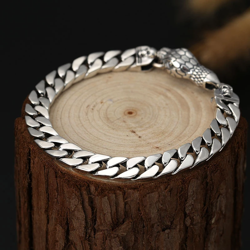 Мода стерлингового серебра 925 головой змеи Для мужчин s короткий цепной браслет 8 мм широкий браслет прохладный тайский серебро Для мужчин бесплатно шкатулка