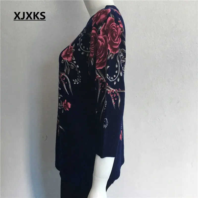 XJXKS модный вязаный свитер Для женщин печати тонкий круглым вырезом пуловеры Вязание дизайн 7/10 свитер с длинными рукавами Для женщин пуловер