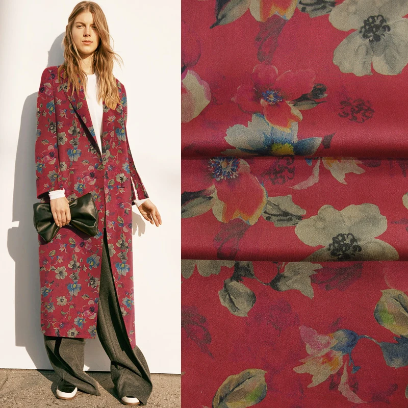 

114CM Wide 20MM Floral Print Red Gambiered Guangdong Silk Crepe Plain Fabric for Summer Spring Dress Shirt JH025