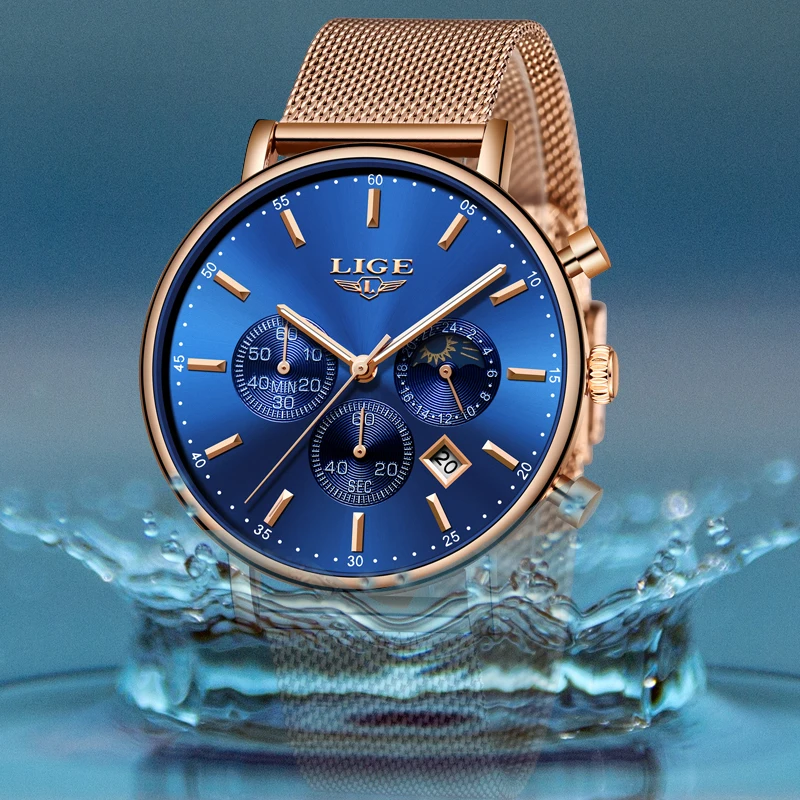 LIGE Mens Watches Top Brand Luxury Quartz Wristwatch Mem Grid strap All Steel Waterproof Sport Chronograph+Box Relogio Masculino