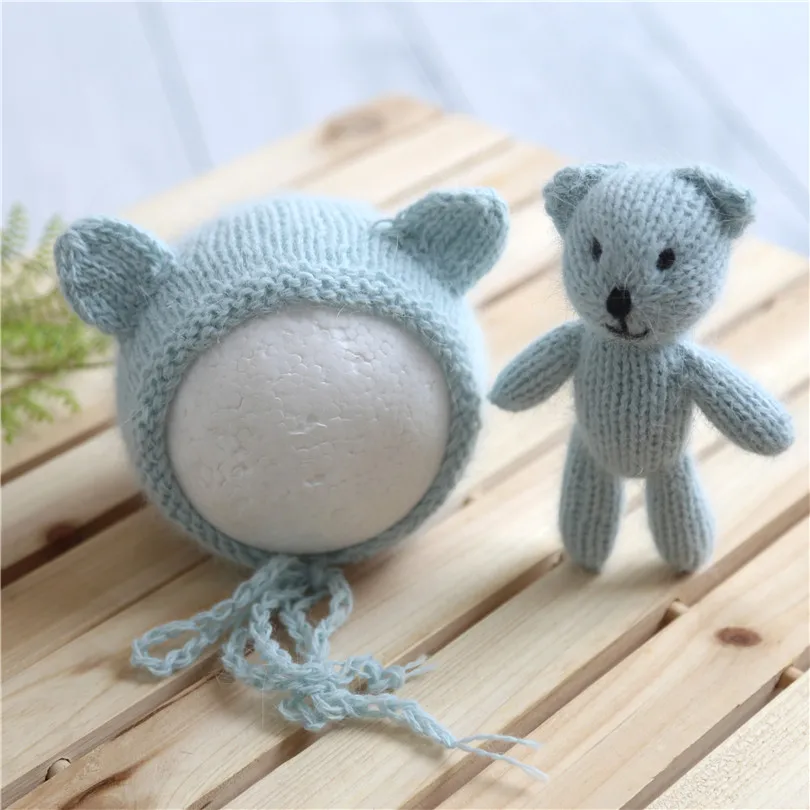 Crochet Baby Newborn Bonnet Bear Hat And Teddy Bear Toy Set Photo Prop Hot Sale