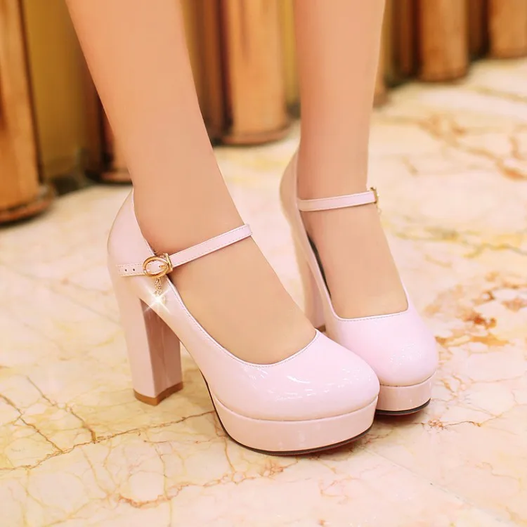 2019 Women Patent Leather Wedding Shoes Woman Super High Heels Shoes Bride Shoes Thick Heel Plus Size 32 42 43 Buckle Platform