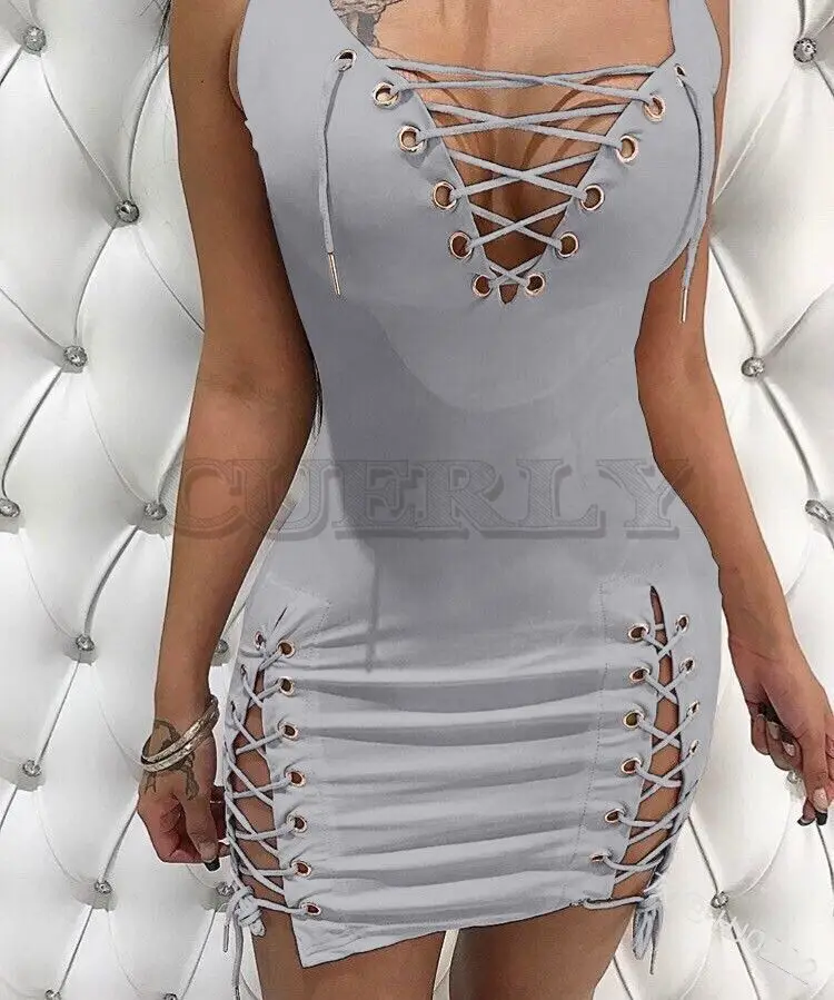 Image Cuerly Party Sexy Solid Sheath Party Club Lace Up bandage Deep V Sexy Sheath Dress Summer Women Going Out Dresses Vestidos