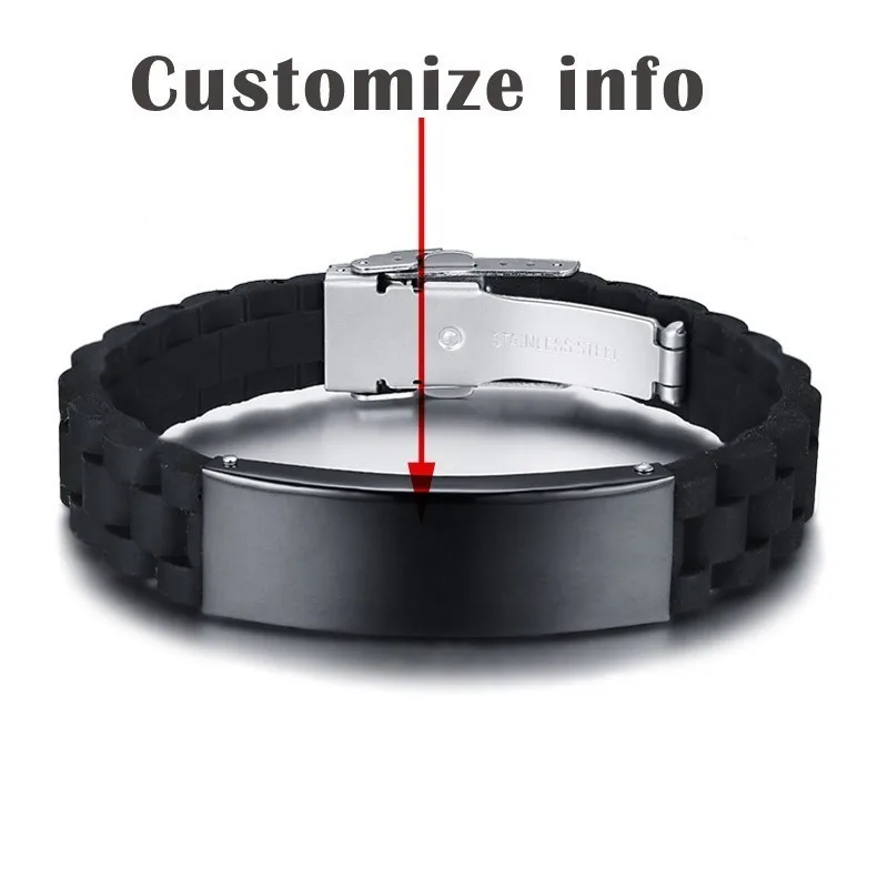 Vnox Men Silicone Sport Bracelets for Male Custom Engraving Stainless Steel Identification Wristband Bangle Gift 18-22.5cm - Окраска металла: Customize BS-084BS