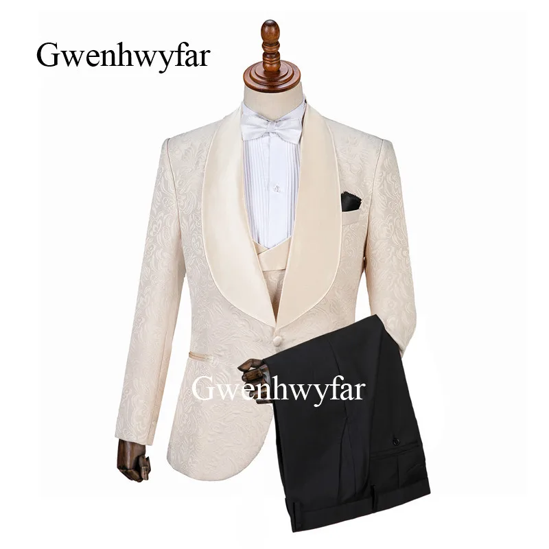 

Gwenhwyfar Jacquard Champagne Navy Blue Pink Red Tuxedos For Men Groomsmen Men's Suit Shawl Lapel Bridegroom Wedding Prom Suits
