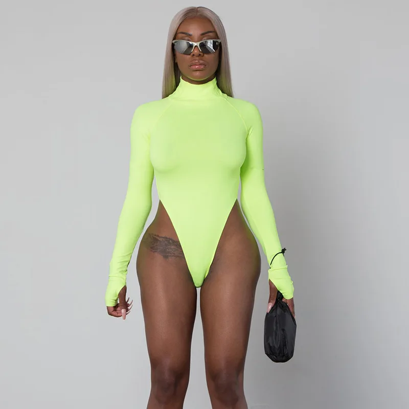 BOOFEENAA Neon Green Sexy One Piece Bodysuit Women Fluorescent Turtleneck High Cut Long Sleeve Thong Bodysuits Streetwear C70I85 crotchless bodysuit