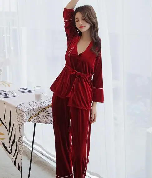 Fdfklak pijama mujer, сексуальное женское белье, комплект из 3 предметов, женский зимний пижамный комплект, золотой бархатный теплый Пижамный костюм, Дамская пижама, пижама - Цвет: wine red