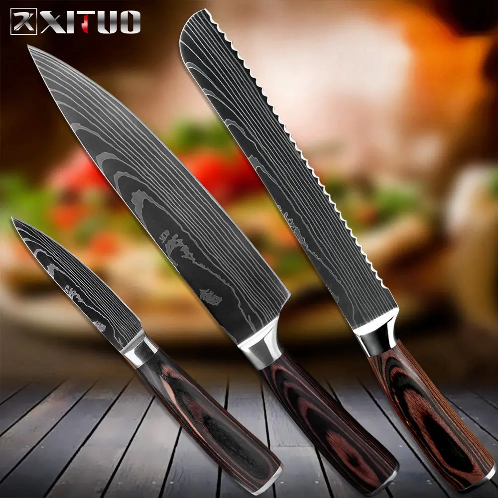 XITUO кухонный нож 8 дюймов профессиональные ножи шеф-повара лазерный дамасский узор из нержавеющей стали для резки рыбы и мяса нож для нарезки сантоку подарок - Цвет: 3PCS knives