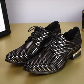 

New Ltaly Yellow Sequins Pointed Toe Genuine Leather Men Dress Shoes Evening Party Wedding Shoes Men Hairdress Sexy Flat Oxfords