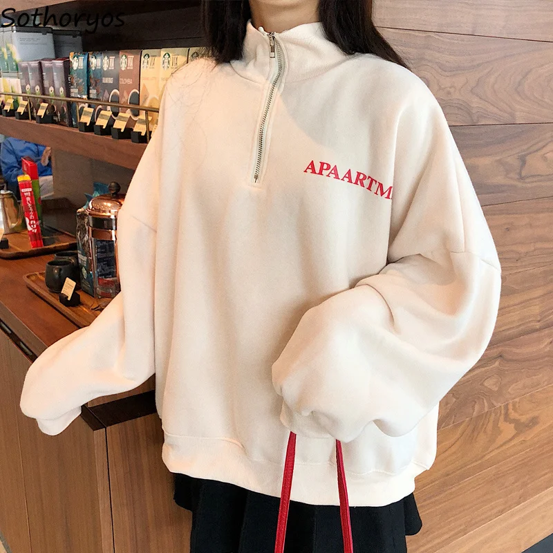Hoodies Women Stand Collar Thicker Letter Printed Loose