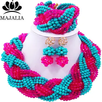 

Majalia African Fashion Women Jewelry Set Hot pink aqua blue Nigerian Wedding Jewelry Beaded Sets 12CB0019