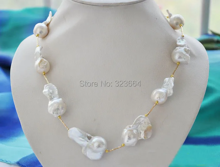 

Huge 20" 30mm white baroque KESHI REBORN PEARL GOLDEN NECKLACE