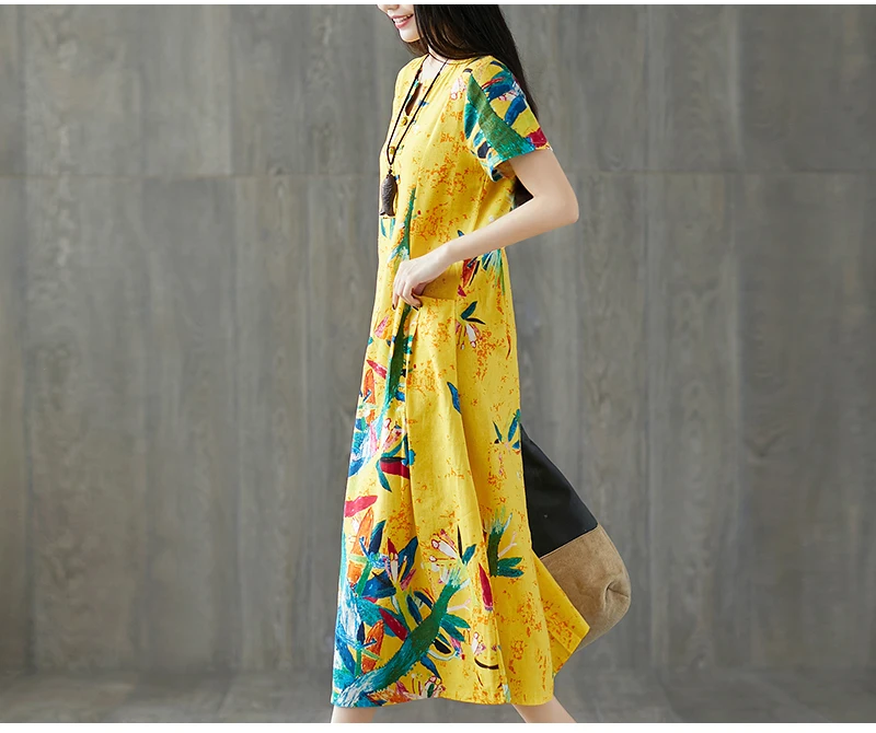 Uego хлопковое льняное свободное летнее платье с модным цветочным принтом в китайском стиле, Новое поступление, женское Повседневное платье миди