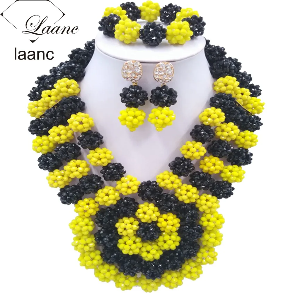 

Yellow and Black Crystal African Beads Set Jewelry Crystal Ball Beaded Necklace Earrings Bracelet AL026