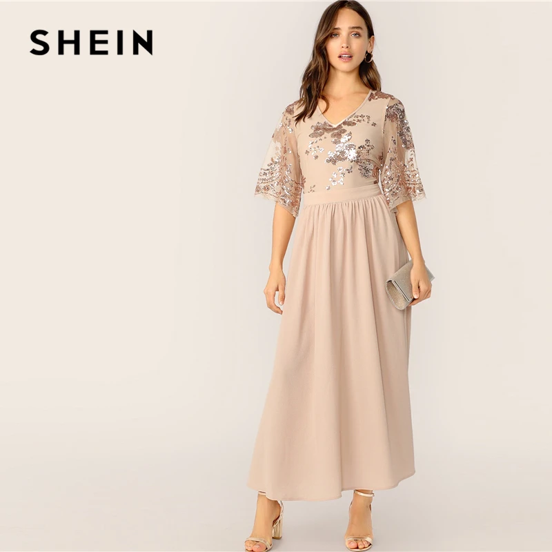 SHEIN модное платье с v-образным вырезом, контрастными пайетками и сетчатыми рукавами, коллекция, Гламурное весенне-летнее абрикосовое ТРАПЕЦИЕВИДНОЕ женское платье с высокой талией