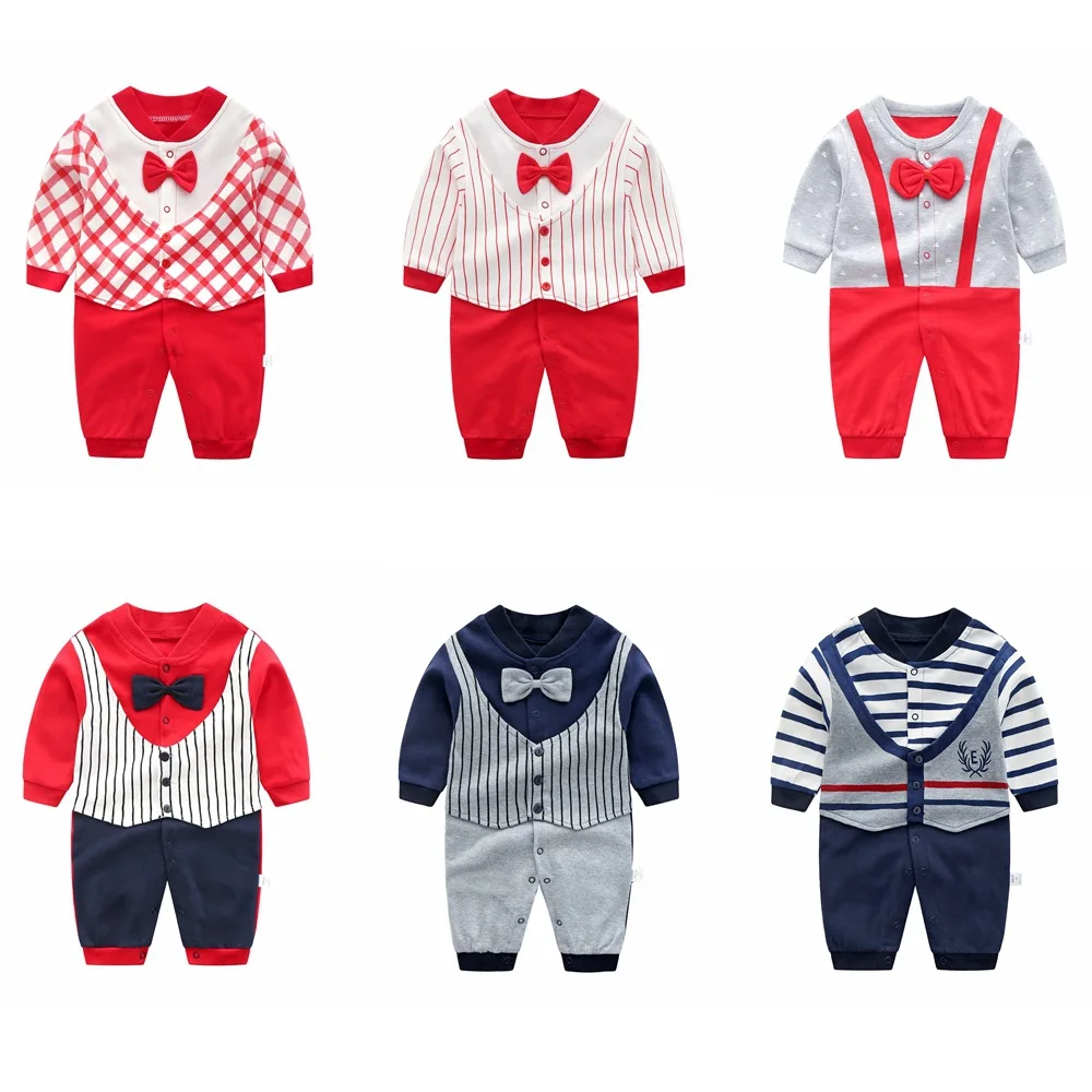 Baby Jumpsuit spring Clothing Newborn Cotton Clothes Infant Long Sleeved Rompers Baby Boys Bow Tie Climbing Roupa Pajama Outwear