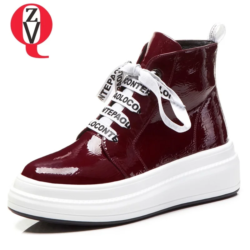 

ZVQ 2019 new fashion popular patent leather round toe med wedges platform zip shoes women cross-tied outside warm ankle boots