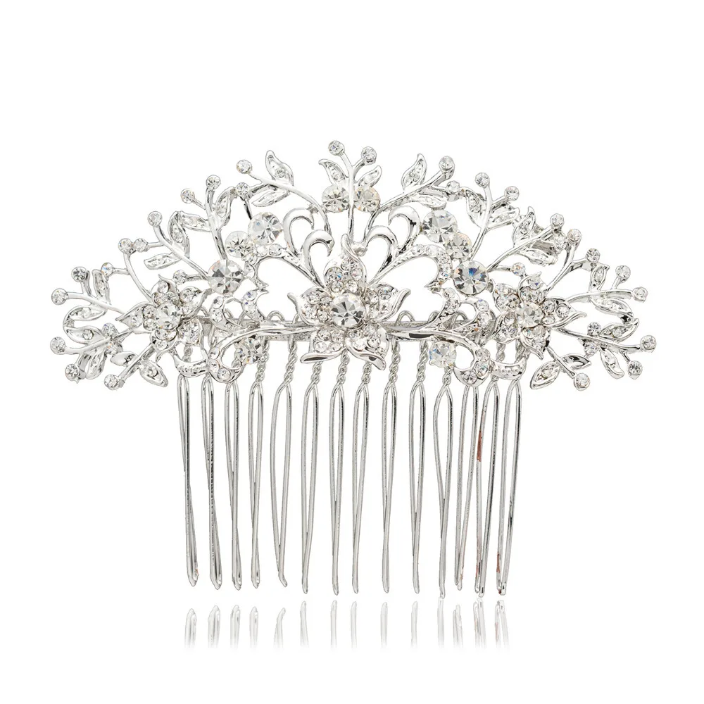 

Wedding Hair Comb Accessories Silver Tone Leaf Flower Hairpins Tiara Rhinestone Crystal Head Jewelry for Gifts Brand CO2257R