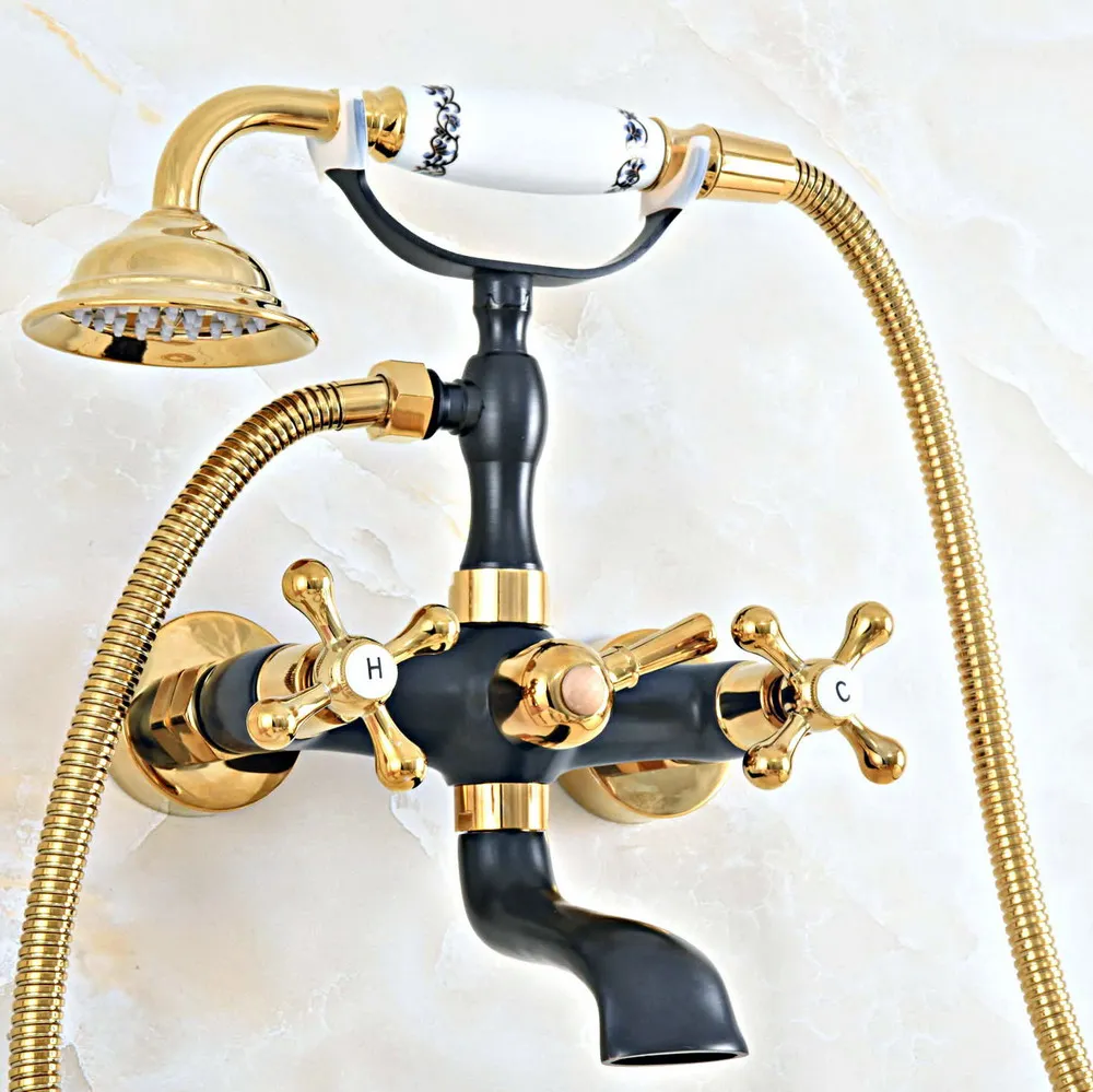  Black Gold Color Brass Wall Mount Bathroom Tub Faucet Dual Cross Handles Telephone Style Hand Showe