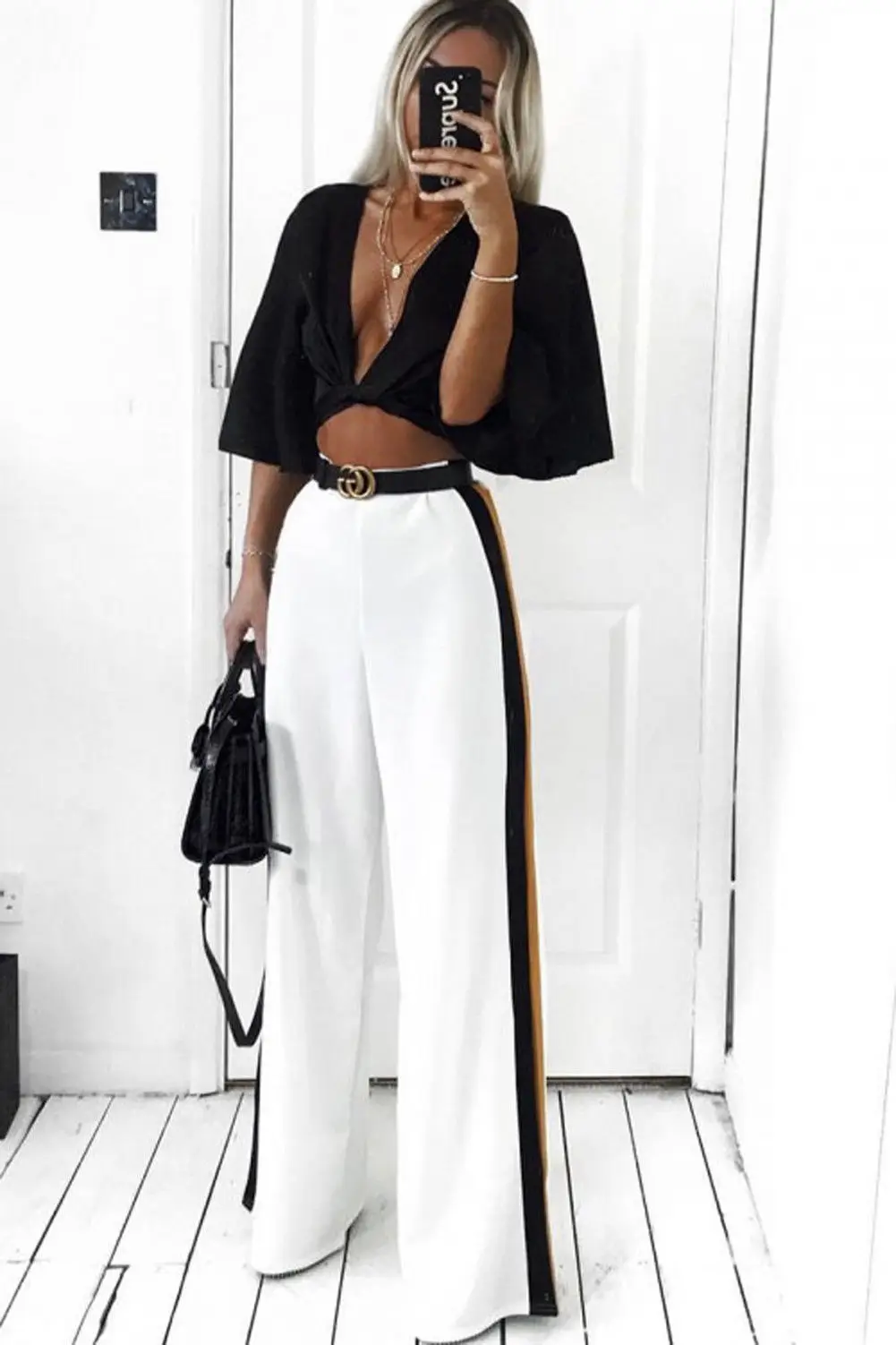Модные летние женские повседневные с высокой талией, в полоску широкие длинные брюки Z - Color: White