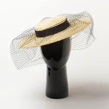 Women Shallow Flat Top Straw Hat with Black Mesh Head cover Female Summer Spring Fashion Retro Large Brim Fedoras