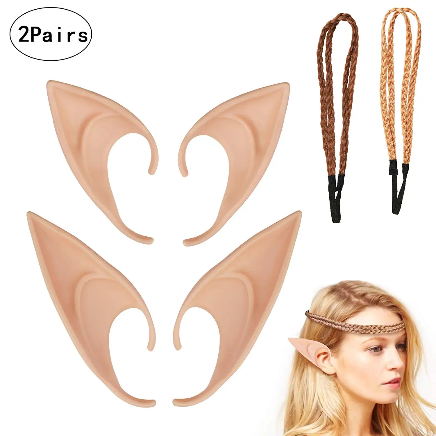 

FEECOLOR 2 Pairs Fantasy Latex Elf Pixie Fairy Elven Hobbit Ears, Hair Braid For Anime Halloween Christmas Party Decorations