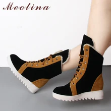 Meotina/женские ботинки; зимние ботинки; ботильоны на шнуровке, визуально увеличивающие рост; Женская плюшевая обувь на платформе; Цвет Черный; размеры 34-43