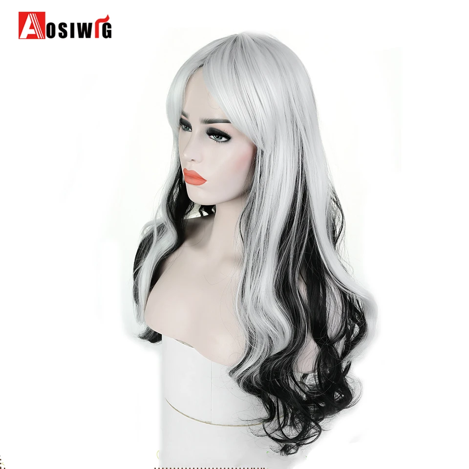Aosi Wig Long Wavy Black White Ombre Synthetic Wigs For Women