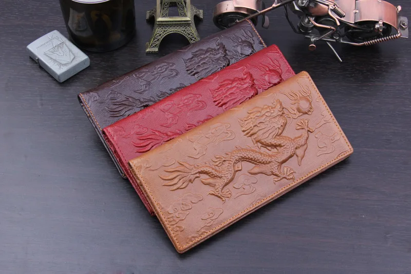 

Men's vintage dragon genuine Leather Wallet Brown cowhide long bifold Chain snap wallet with phone pocket fashion long purse