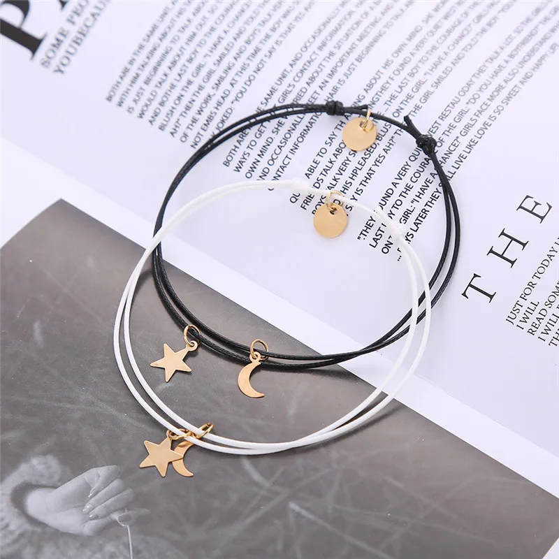 Htzzy Summer Beach Stars Moon Charm Rope Anklets for Women Handmade Adjustable Chain Barefoot Sandals Jewelry Ankle Bracelet 2PC