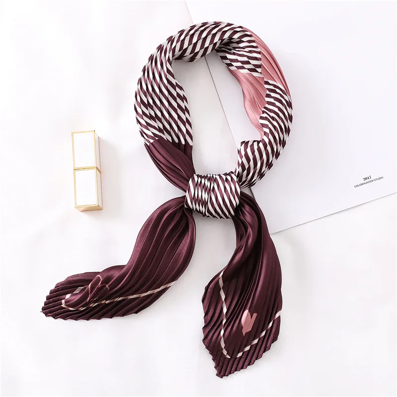

2019 Women's Small Silk Square Scarf Crinkle Hair Scarfs for Ladies Pleated Scarves Printed Female Bandana Foulard 100*30CM