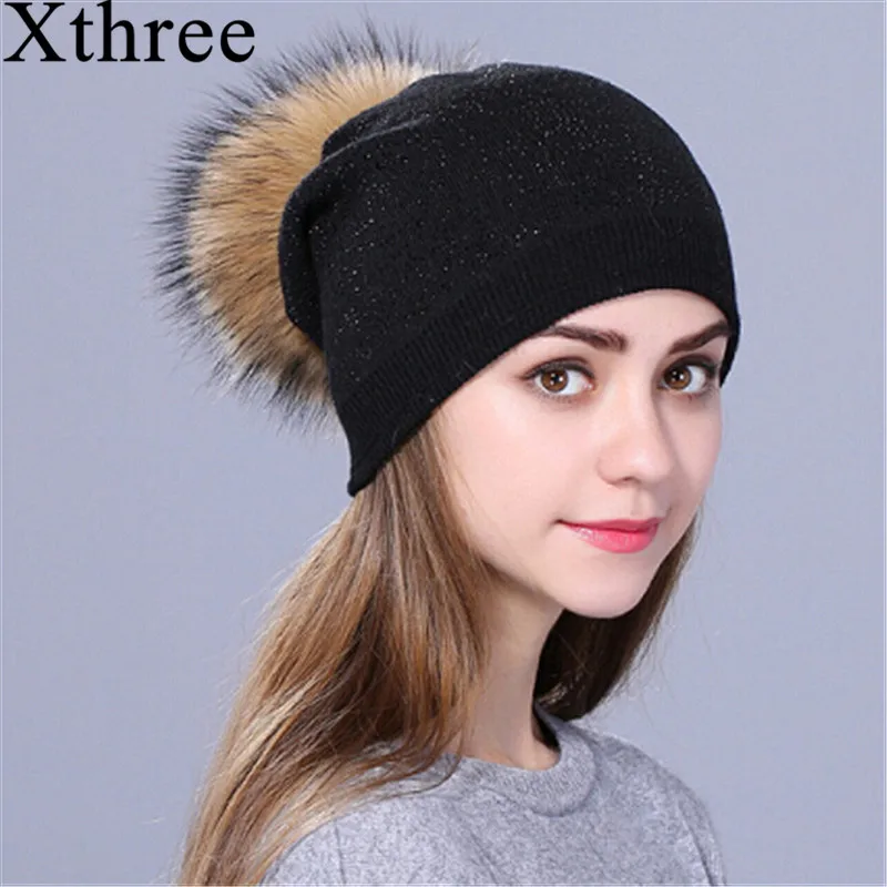 

Xthree new Rhinestone Winter hat for women girl Warm Wool Knitted Beanie Skullie Real Fur Pom Gorro Female Cap