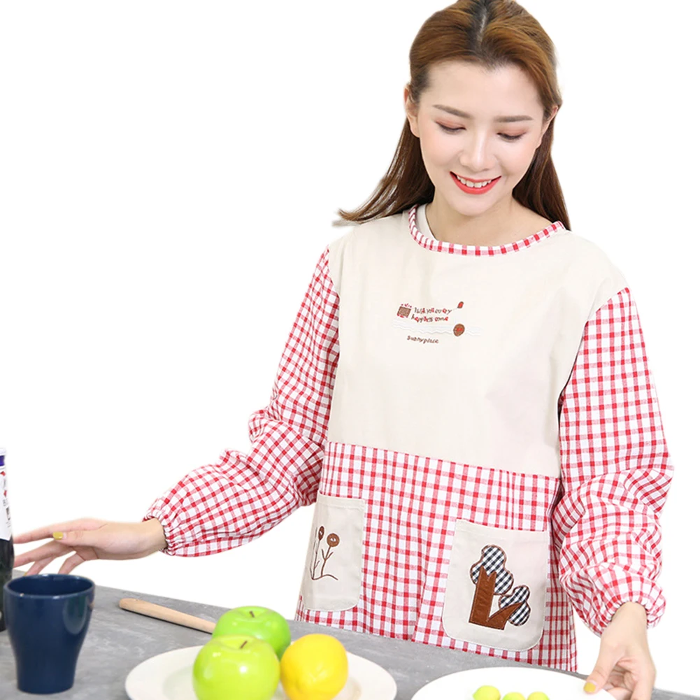 Кухонный Фартук для приготовления пищи, хлопковая клетчатая блузка с длинными рукавами, корейский женский комбинезон для взрослых