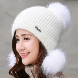 SUOGRY Женская Шапка-бини Толстая теплая кроличья меховая шапка однотонный помпон вязаные шапки для женщин женские ушные лоскуты лыжные