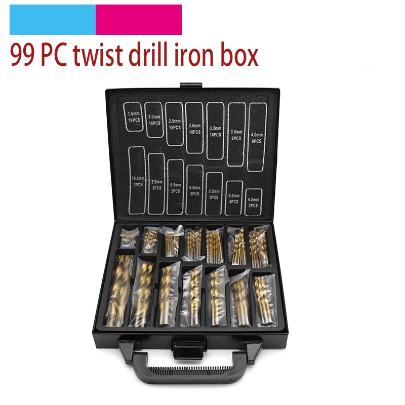 

99pcs Titanium Coated 1.5-10mm HSS Twist Drill Bits Iron Box Packing Set For Drilling Wood Metal Plastic Electric Tools