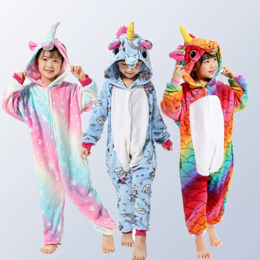 Unicorn Boys Girls Flannel Animal Cosplay Pijamas Onesies Winter Kids Pajamas Stitch Hooded Children Sleepwear for 4 6 8 10 12 Y