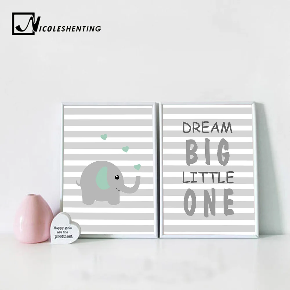 Dream Big Слон холст Книги по искусству детская афиша мультфильм детская Цитата печати живопись Nordic настенные панно дети Спальня украшения