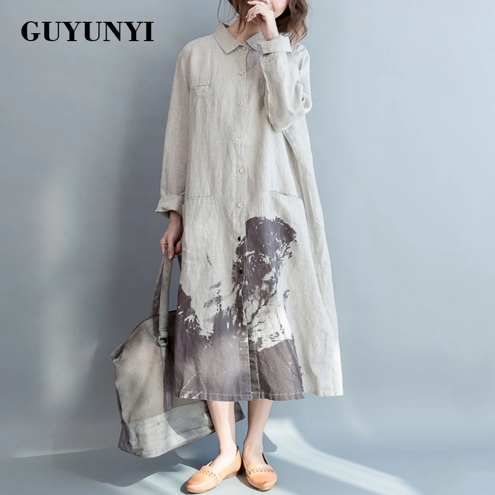 GUYUNYI осеннее женское платье-рубашка женские льняные платья с длинным рукавом Vestidos Повседневная винтажная одежда с принтом CX682 - Цвет: CX68202