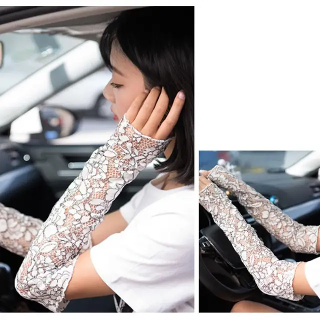 Female Lace Fashion  UV Sun Protection Lace Crochet Mesh Arm Cooling Sleeves Gloves Long Sunscreen Gloves