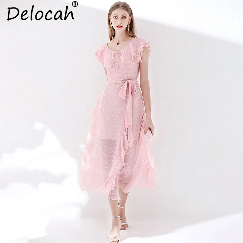 Delocah New 2019 Women Summer Dress Runway Fashion Designer Ruffles Bow Tie Mesh Overlay Elegant Vintage Vacation Solid Dresses
