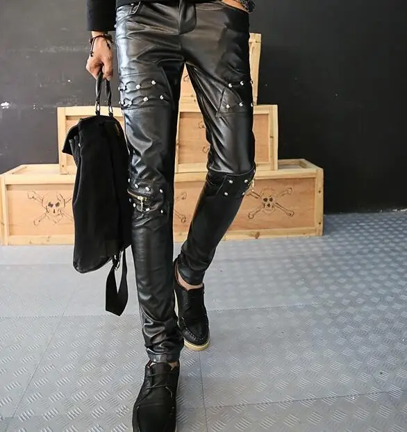 Fashion Rivets motorcycle faux leather tight pants men casual trousers feet pu pants for men