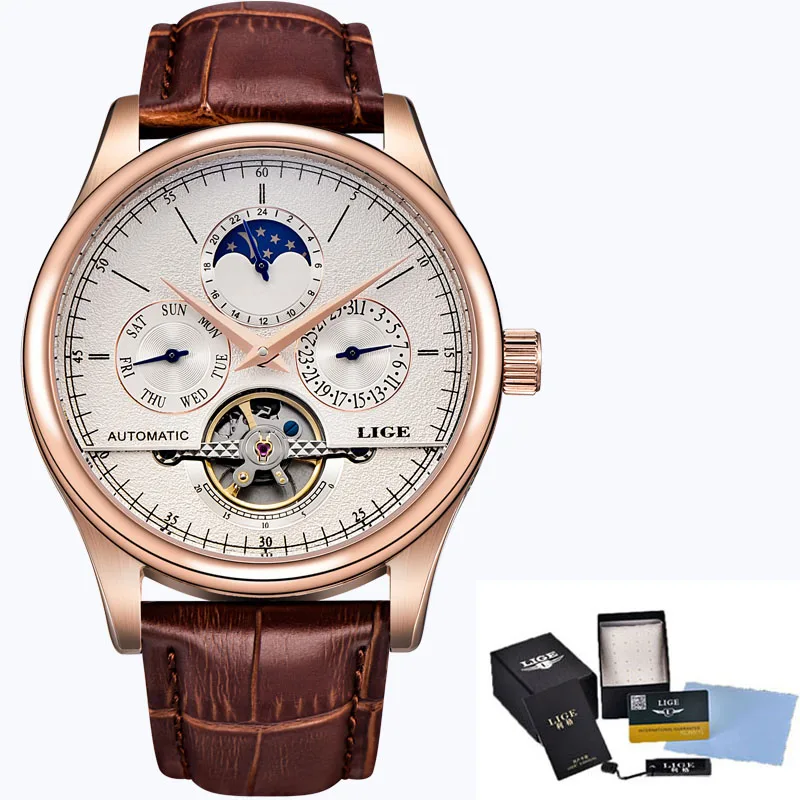 Lige Brand Classic Mens Retro Watches Automatic Mechanical Watch Tourbillon Clock Genuine Leather-6
