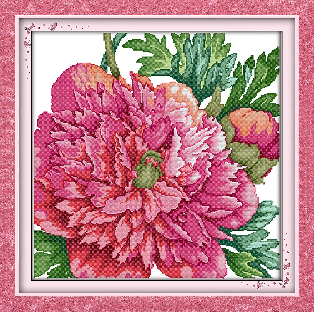 Peony cross stitch kit flower 14ct printed fabric canvas stitching