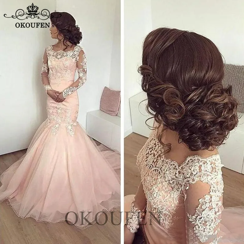 

2019 Light Pink Mermaid Evening Dress With Long Sleeves Sheer Lace Appliques Arabic Dubai Women Formal Prom Dresses Party Gown