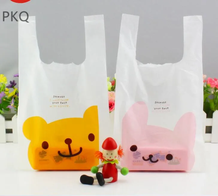 

100pcs 5 sizes 30x54x14cm Large Cute cartoon lattice plastic bag vest food packaging bag supermarket shopping bag with handle