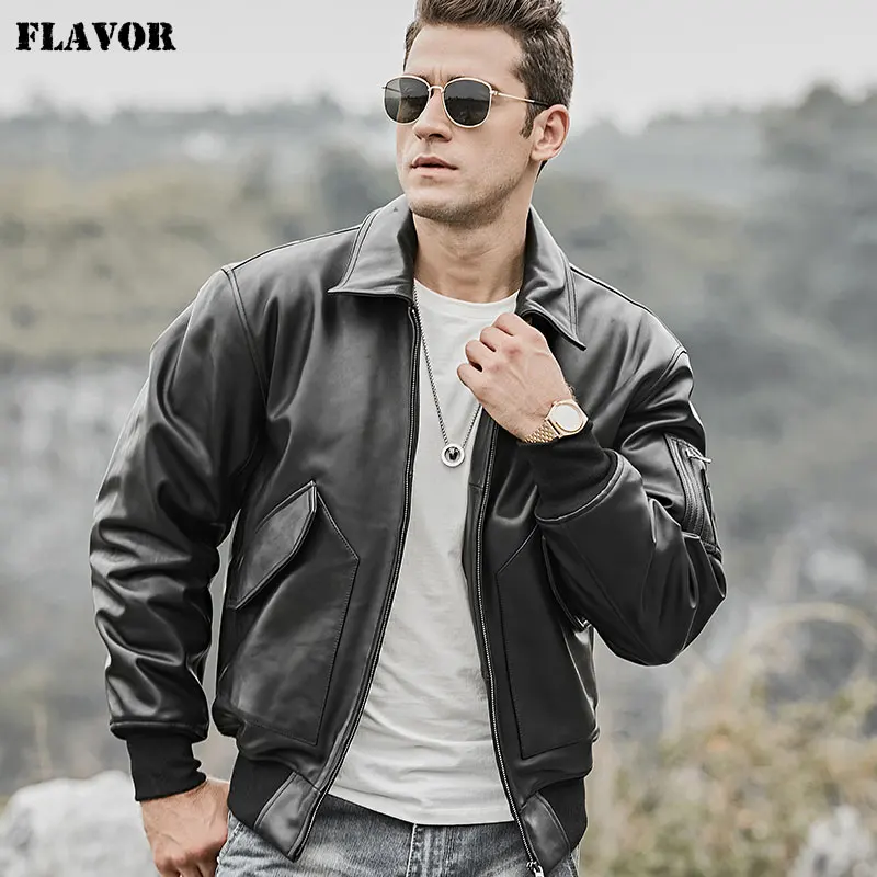 FLAVOR Men's Real Leather Bomber Jacket with Removable Fur Collar Aviator  at  Men’s Clothing store